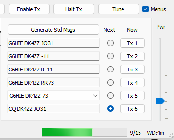 Sendeleistung abgeregelt über PWR-Regler in WSJT-X